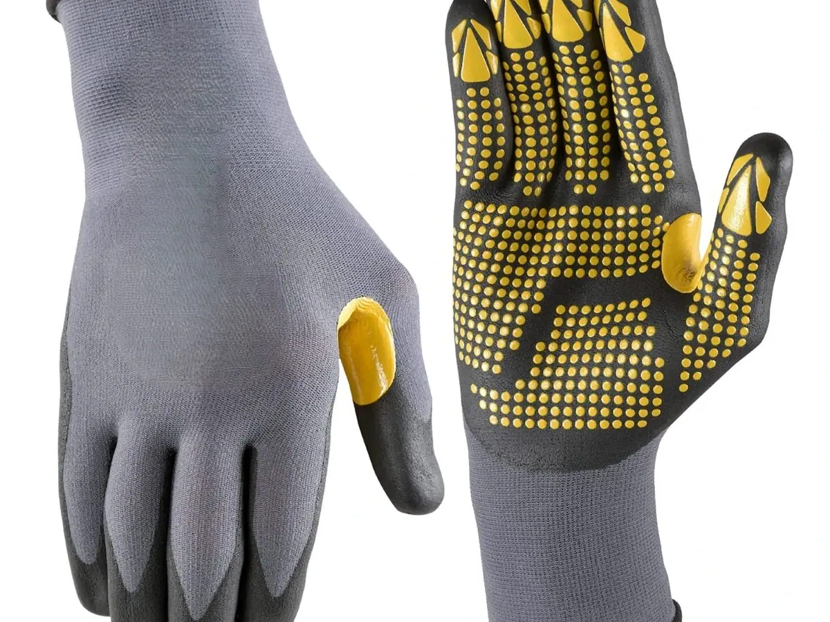 Grey nitrile gloves with a yellow dotted palm pattern