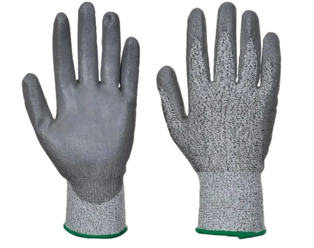 Grey cut-resistant gloves shown from palm and back
