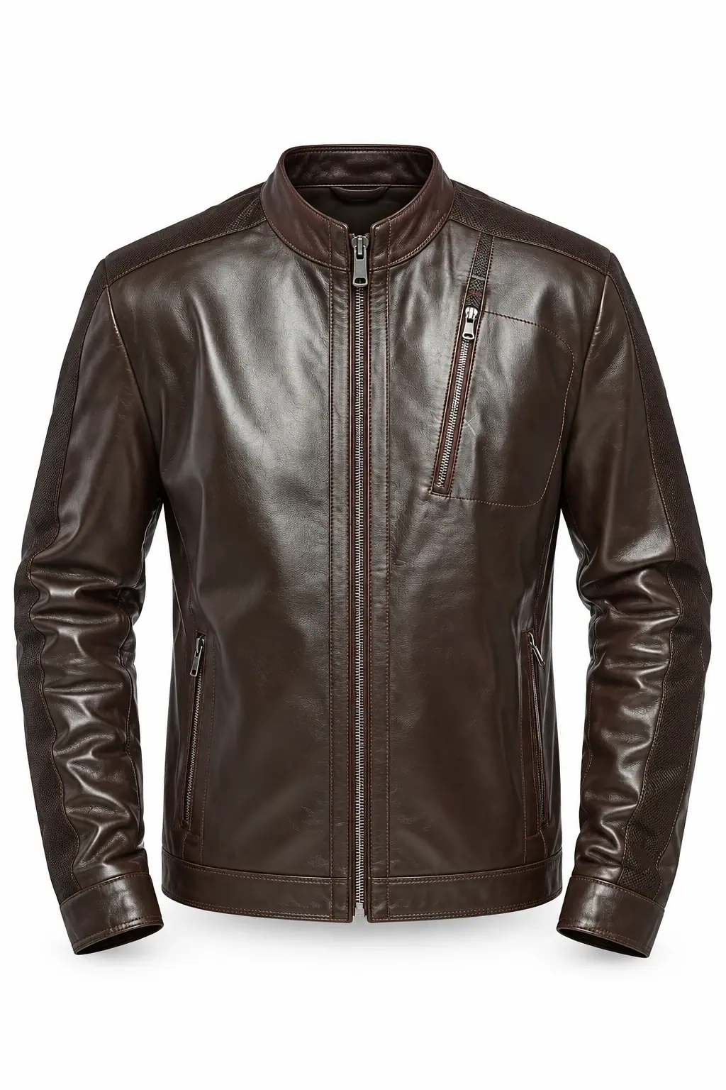 Brown fashion jacket shown alone with a band collar and zip pockets