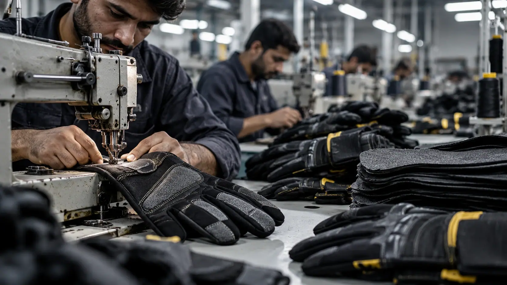 Glove stitching workstations with gloves and material pieces