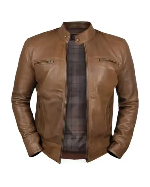 Brown genuine leather jacket with a stand collar