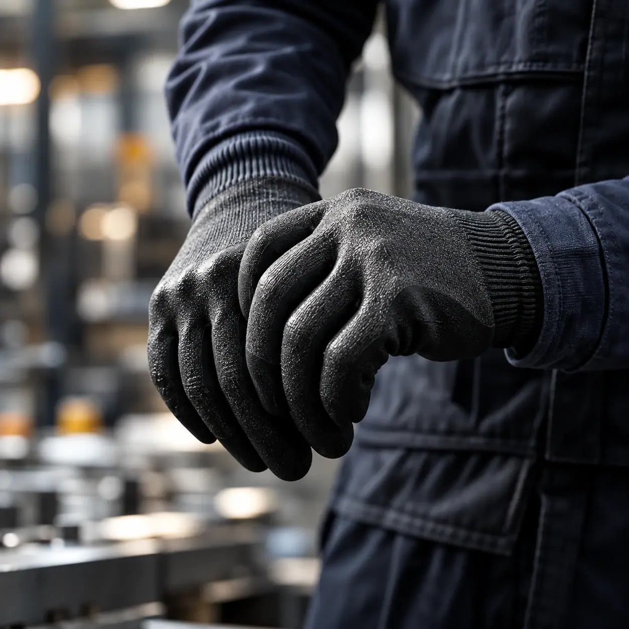 Close-up of black industrial protective gloves in a workshop