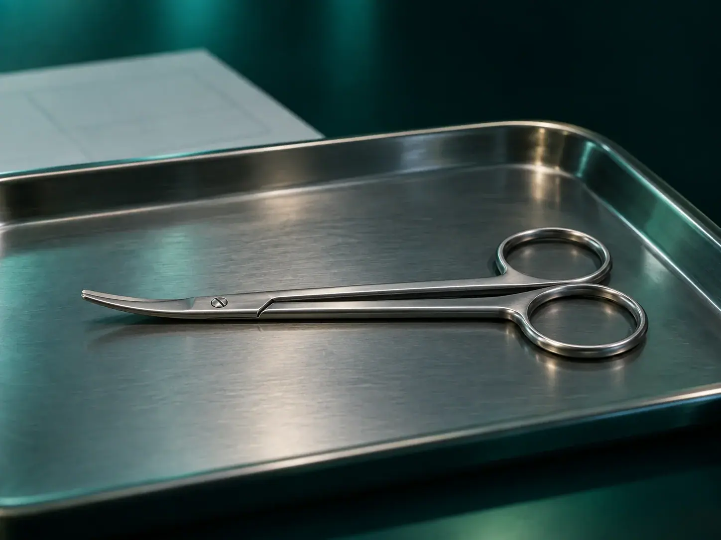 Curved surgical scissors on a stainless instrument tray