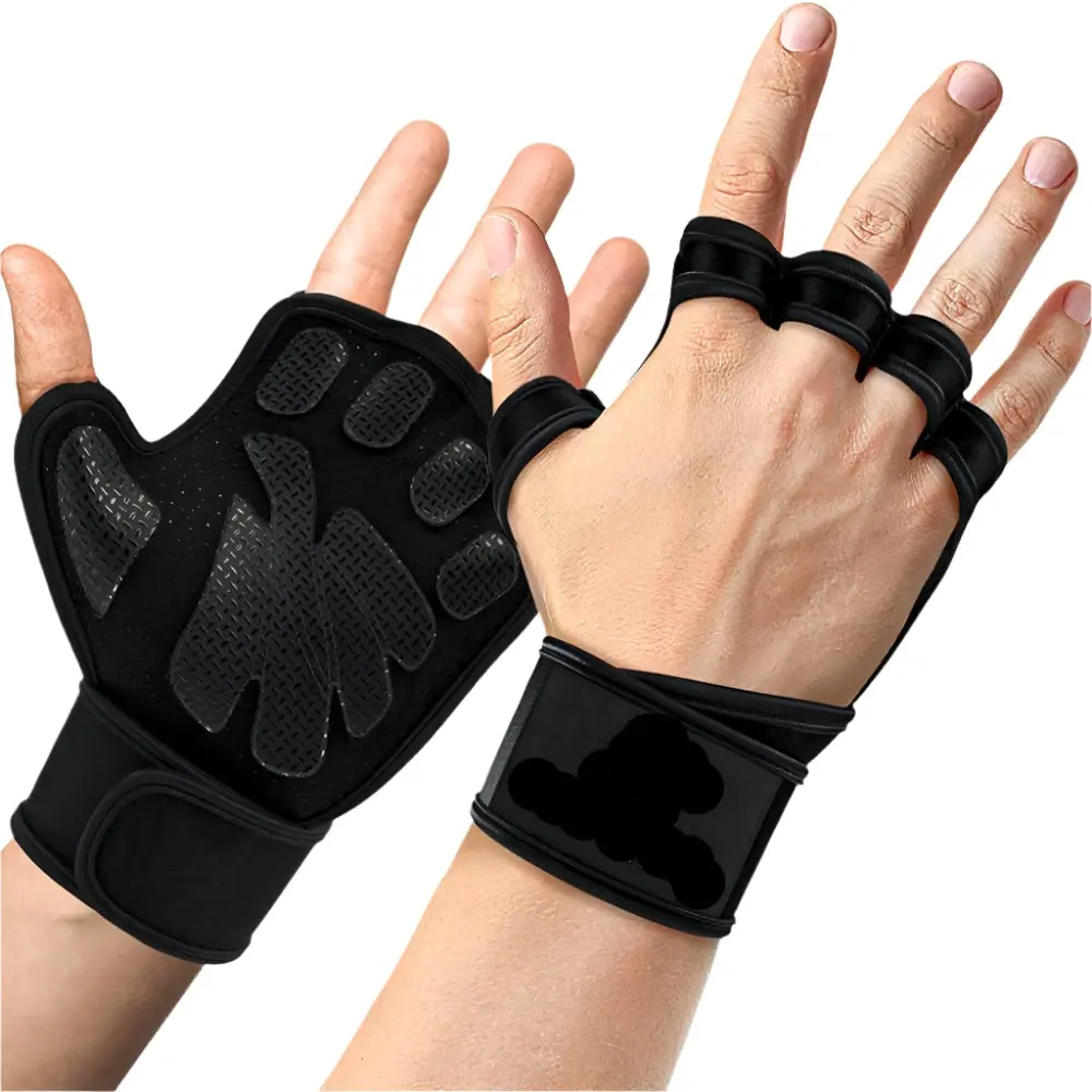 Black fingerless sports gloves with wrist straps