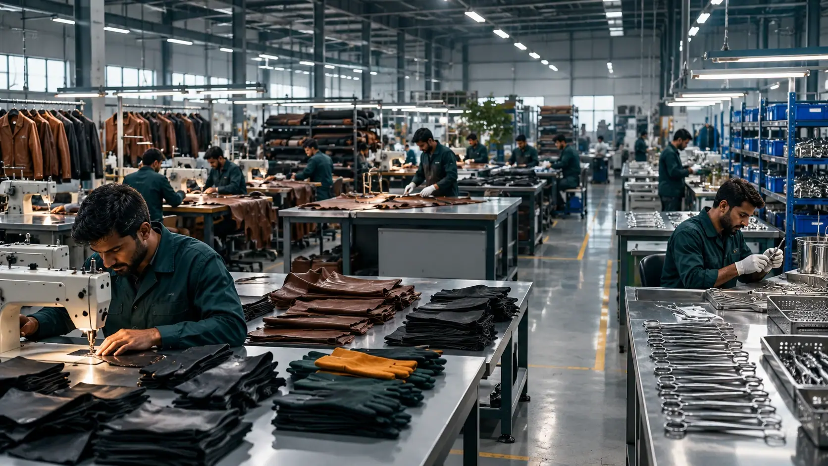 Illustrative production floor with jacket stitching, glove materials and instrument inspection workstations