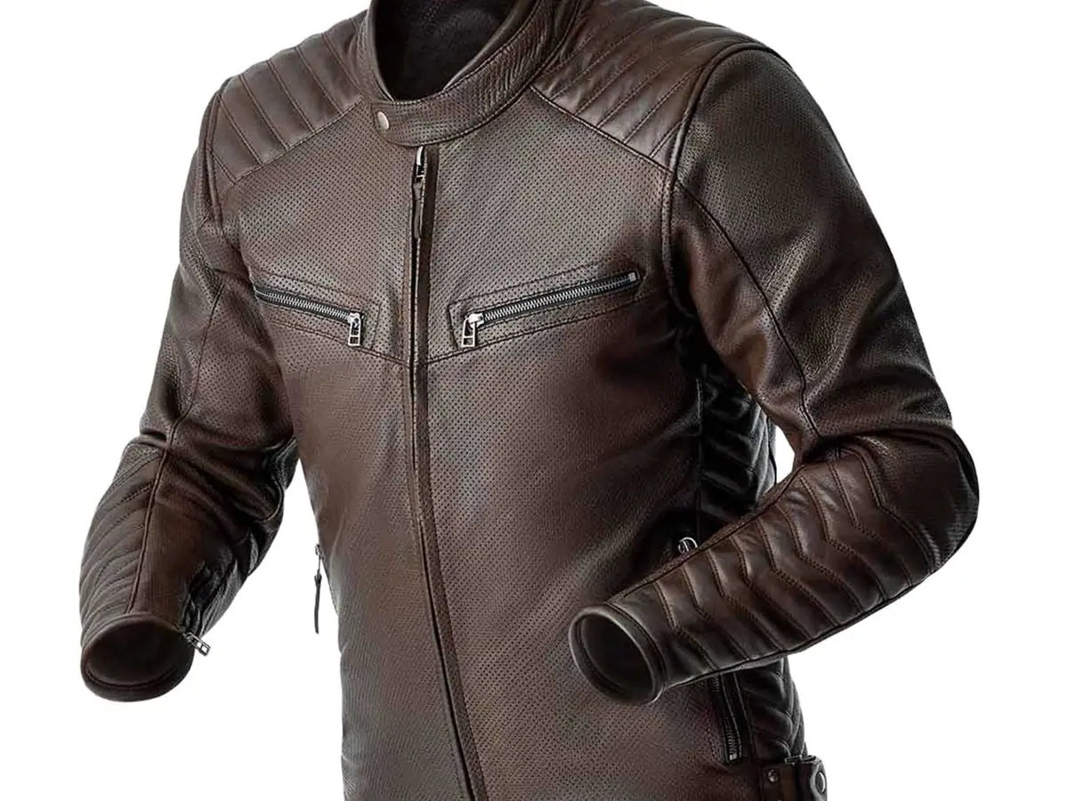 Brown motorcycle jacket with zipped chest pockets