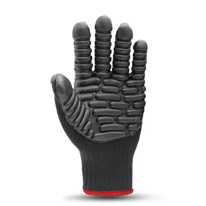Black anti-vibration glove with a ribbed palm and knitted cuff