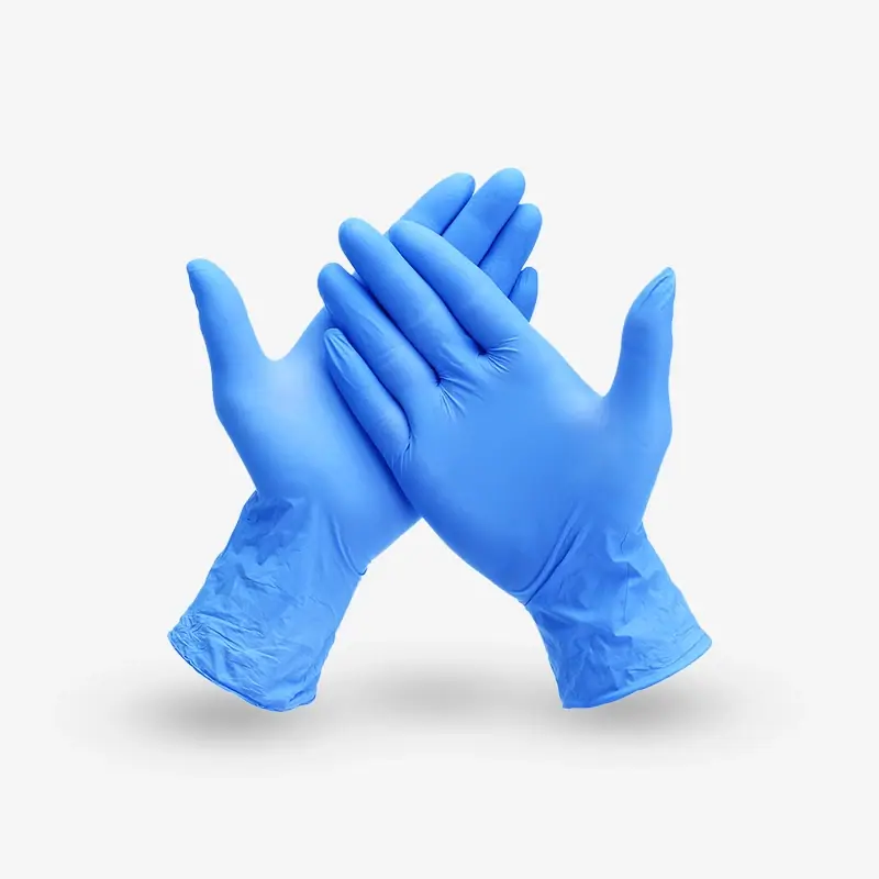 Blue disposable gloves on hands