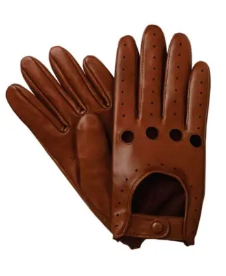 Brown perforated driver gloves with button cuffs