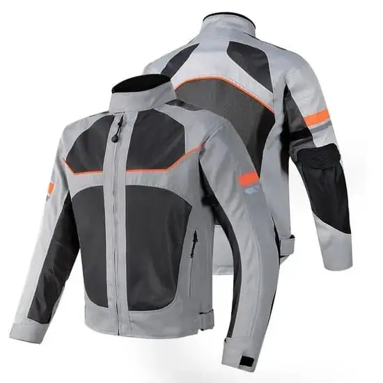 Grey and black biker jacket shown from front and back