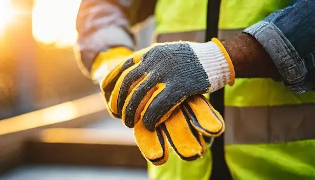 Yellow and grey construction gloves worn at a work site