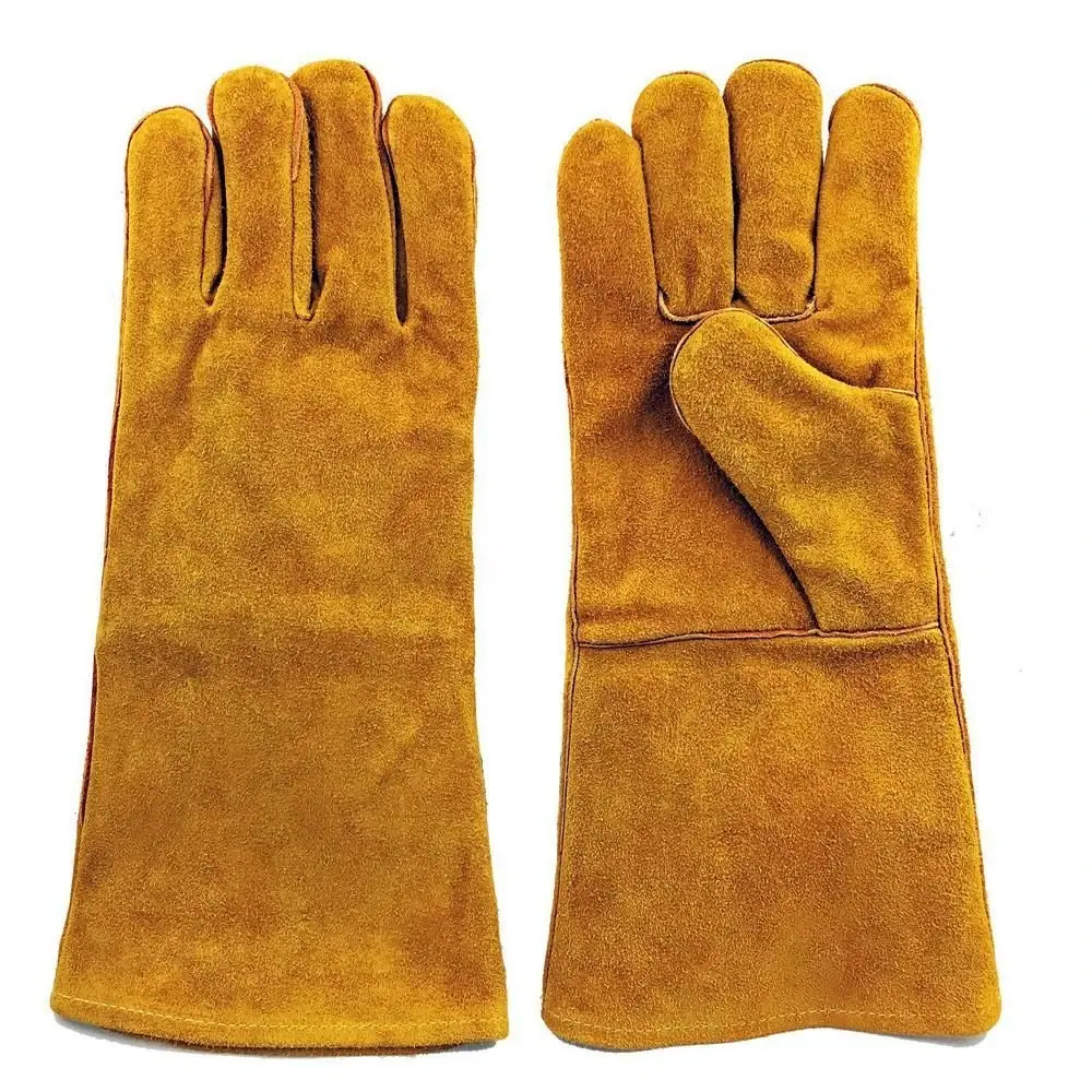 Brown welding gloves with long cuffs
