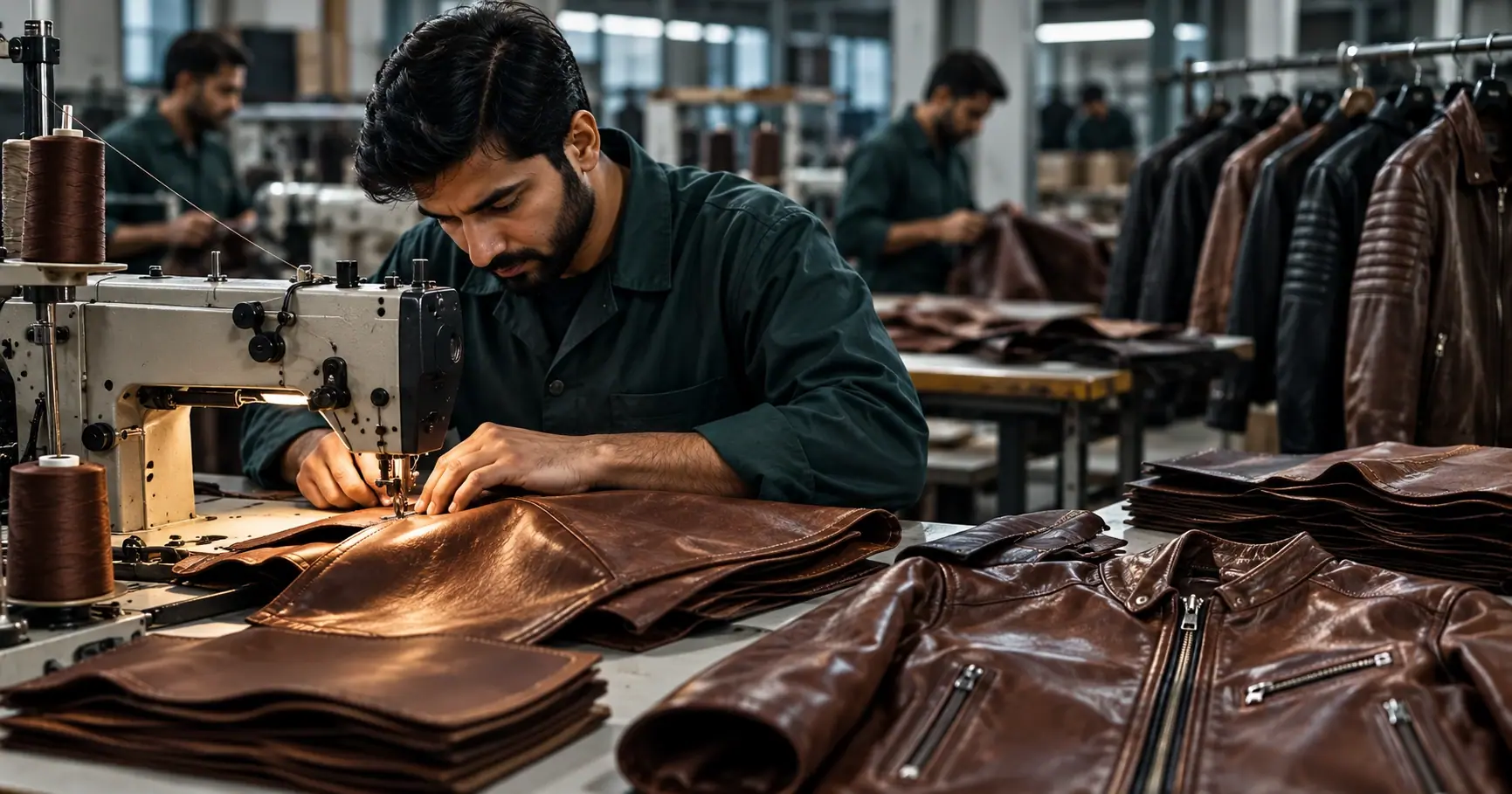 Jacket stitching workstation with garments and material pieces