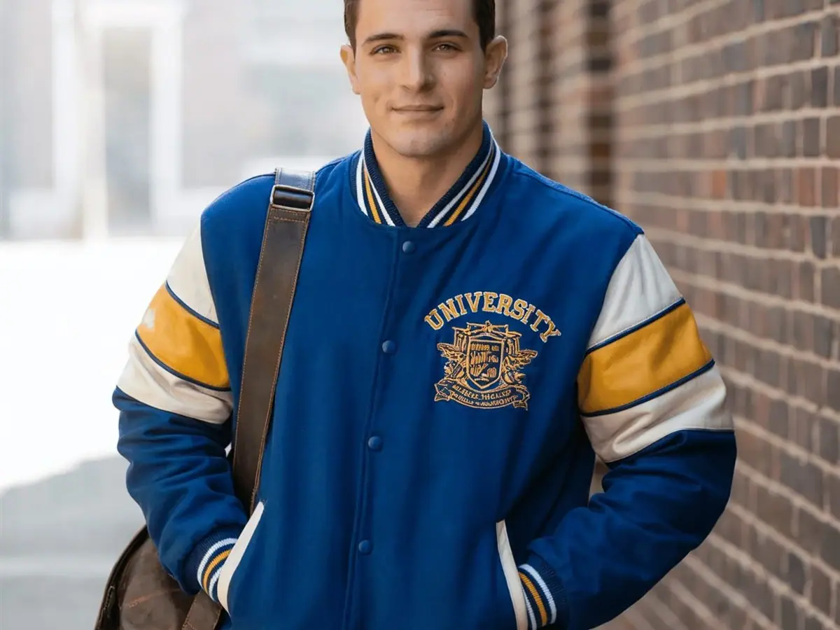 Person wearing a blue and yellow varsity jacket